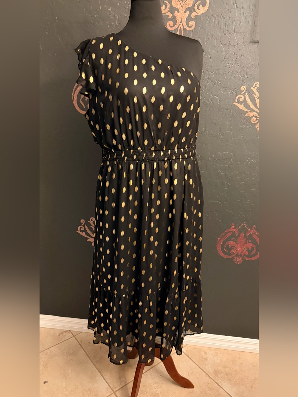 Grace Karin Black One-Shoulder Dress with Gold Dot Print